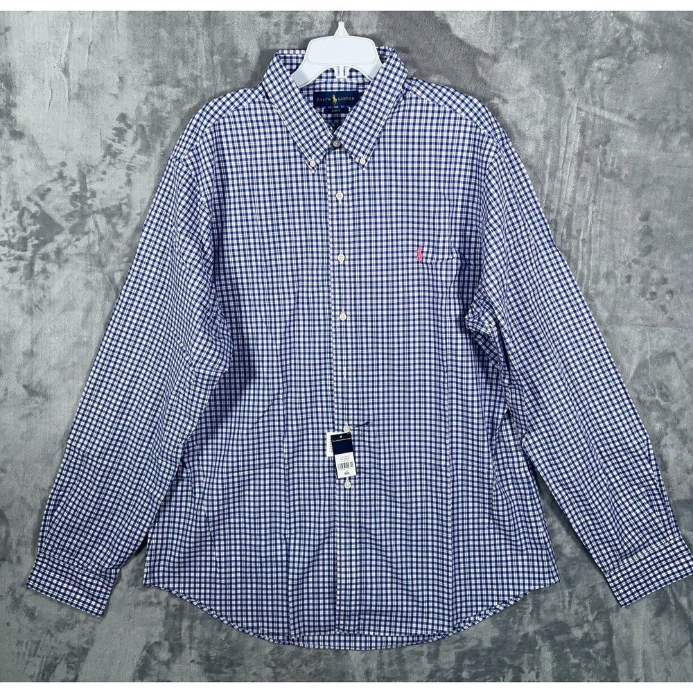 Ralph Lauren Button Down Shirt Mens 2XL New Check Plaid Blue Pink Pony Slim